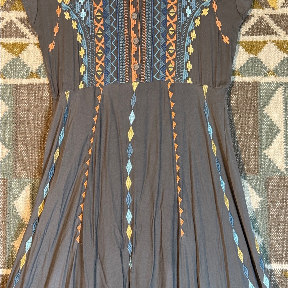 Johnny Was Gray Maxi Dress with Orange, Yellow & Light Blue Embroidery - Picture 3 of 7